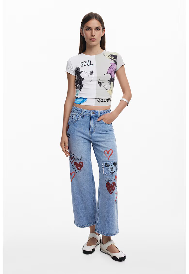 Desigual Tricou crop cambrat cu imprimeu cu Mickey&Minnie - Alb/Gri deschis