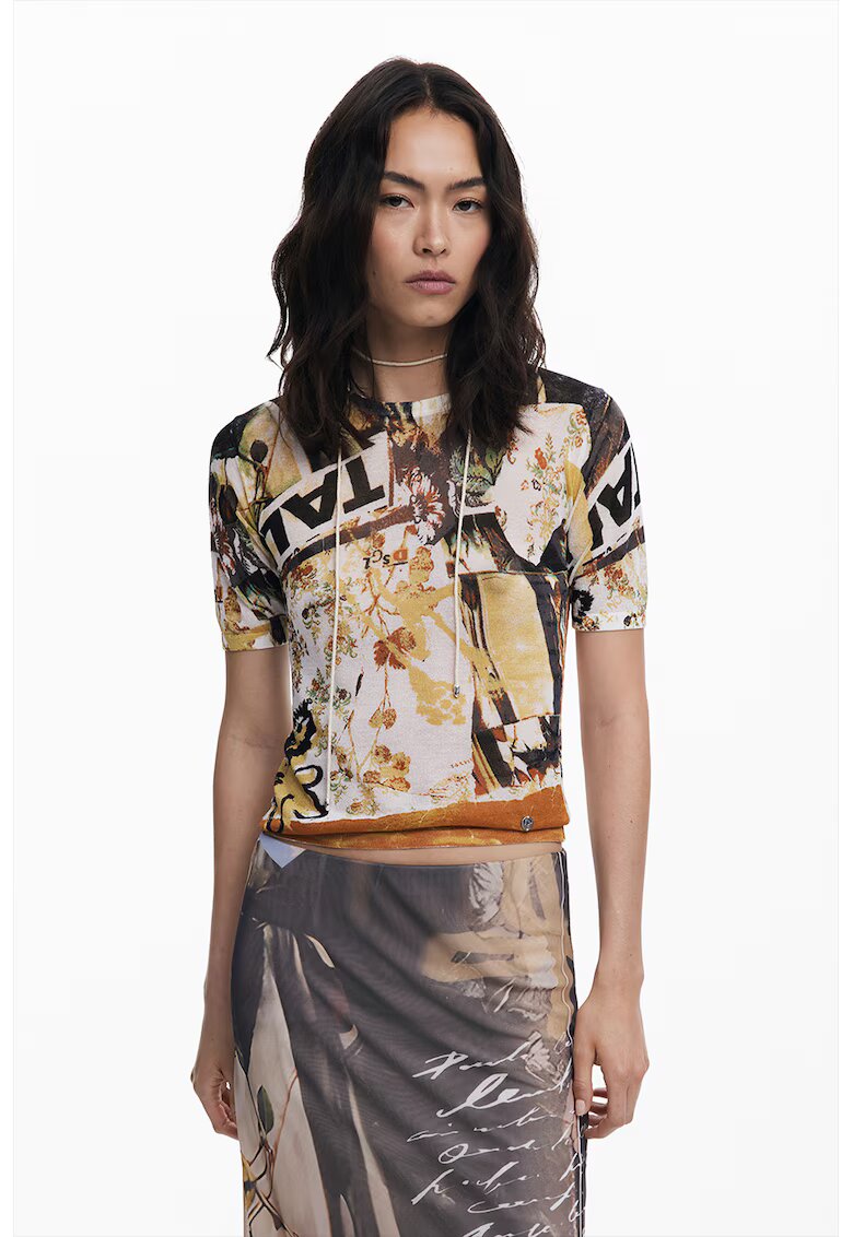Desigual Tricou cu decolteu la baza gatului si model abstract - Alb fildes/Negru/Portocaliu