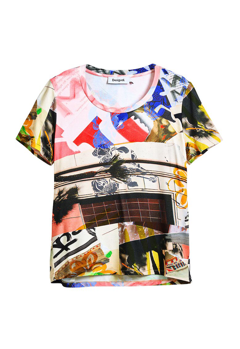 Desigual Tricou cu decolteu rotund si imprimeu grafic - Galben sofran/Albastru indigo/Alb murdar