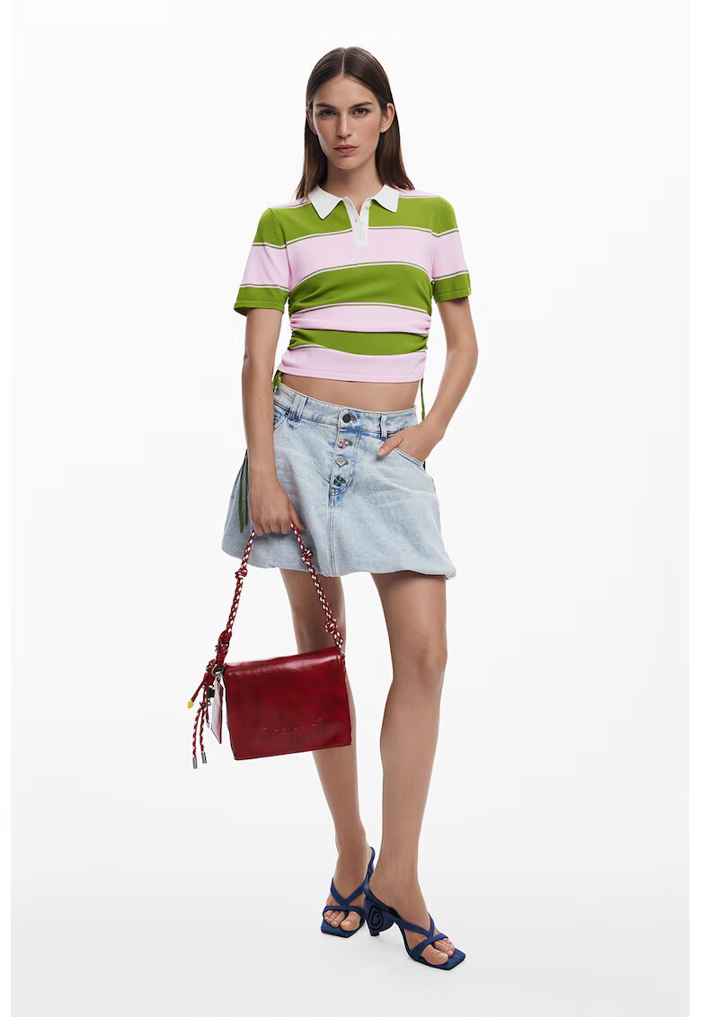 Desigual Tricou cu model in dungi si snururi laterale - Verde/Roz pal