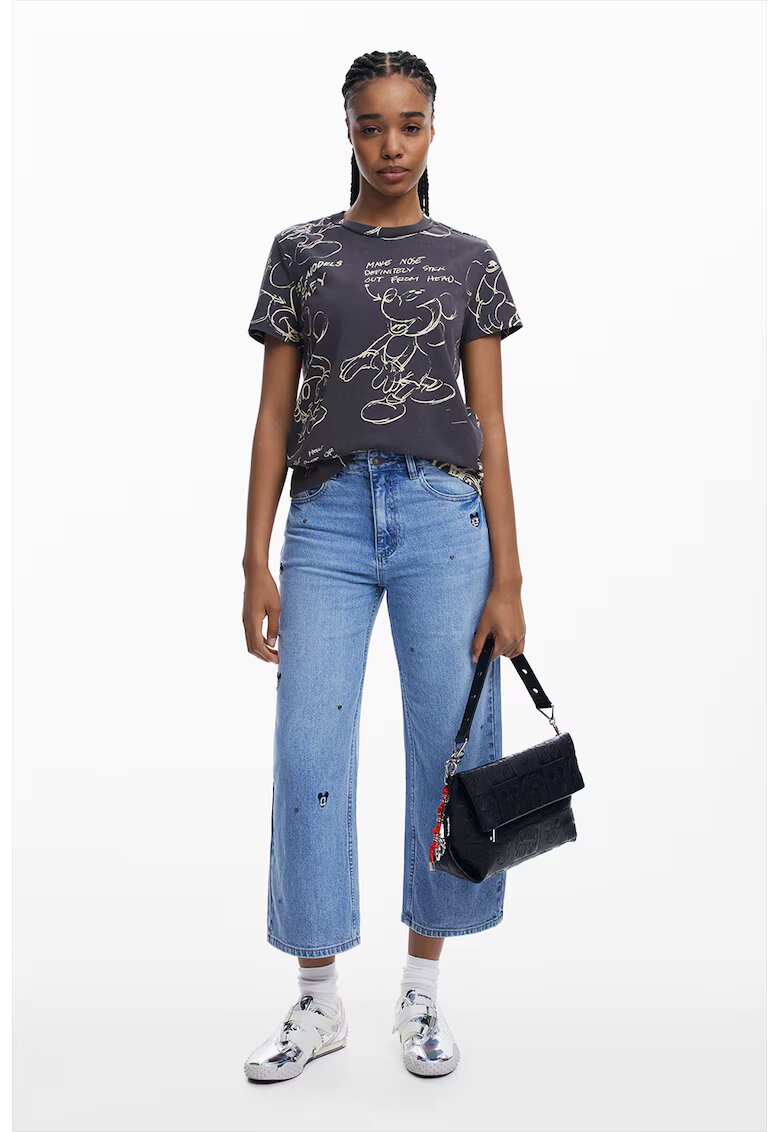 Desigual Tricou de bumbac cu model Mickey Mouse - Alb fildes/Gri inchis