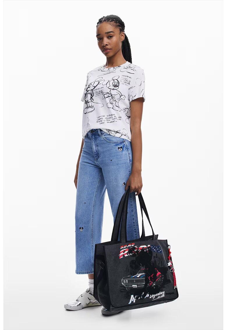 Desigual Tricou de bumbac cu model Mickey Mouse - Alb/Negru stins