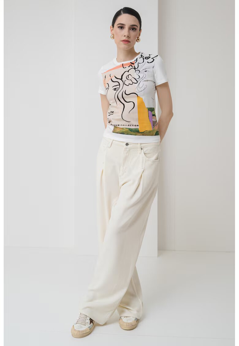 Desigual Tricou din amestec de bumbac cu imprimeu grafic - Alb/Verde/Galben
