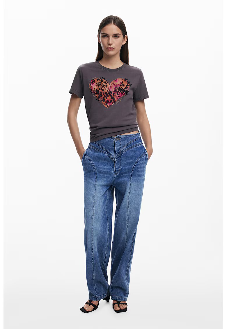Desigual Tricou din bumbac cu imprimeu cu inima - Gri inchis