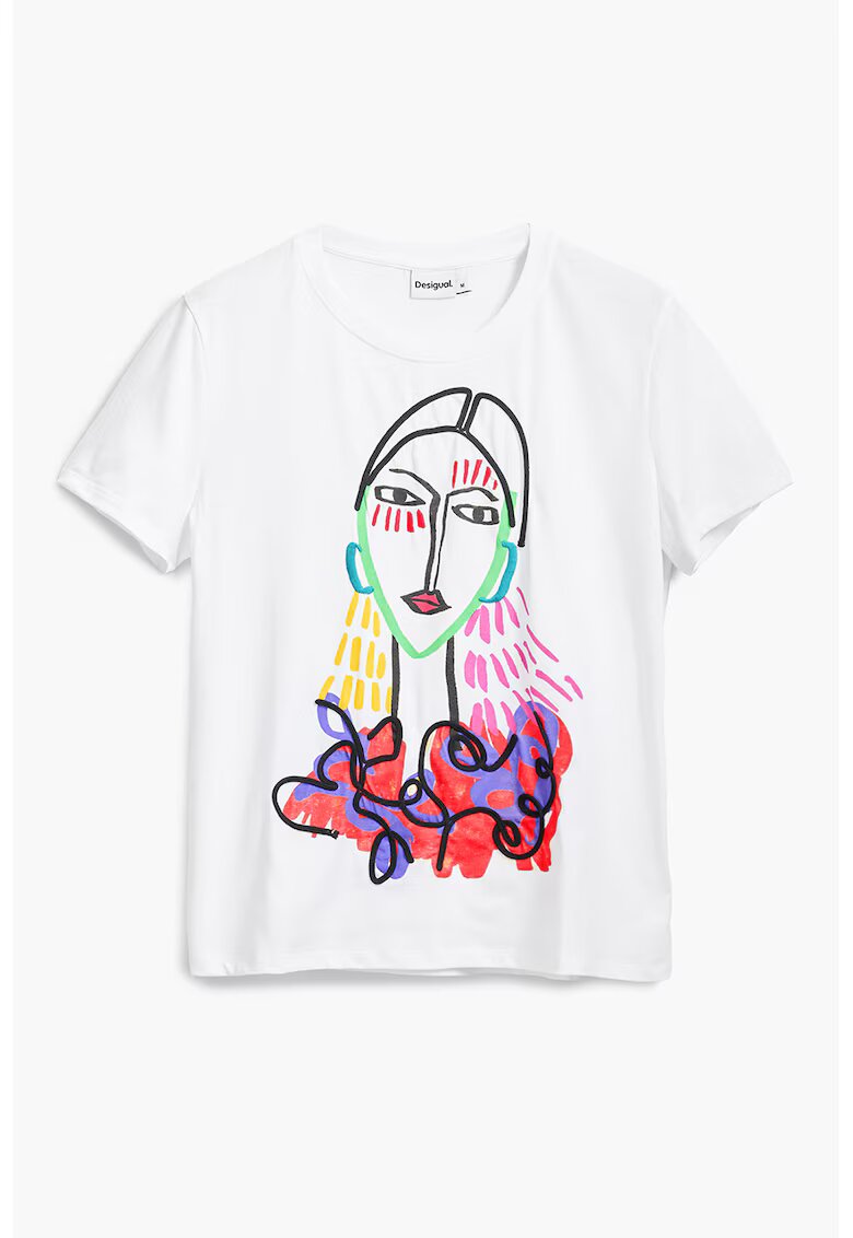 Desigual Tricou din bumbac cu imprimeu grafic - Alb/Verde/Roz