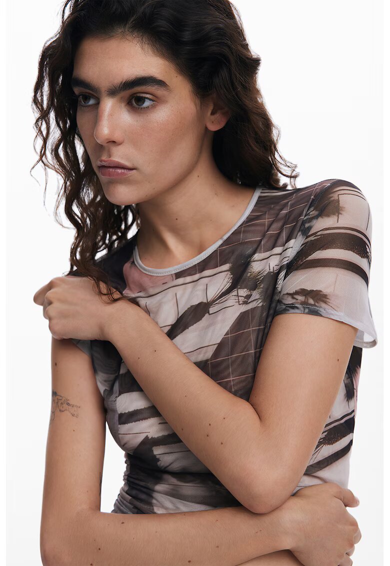 Desigual Tricou din plasa cu model - Alb/Maro