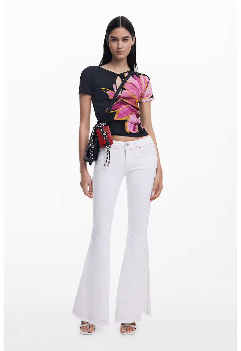 Desigual Tricou slim fit cu decolteu in V - Negru/Roz