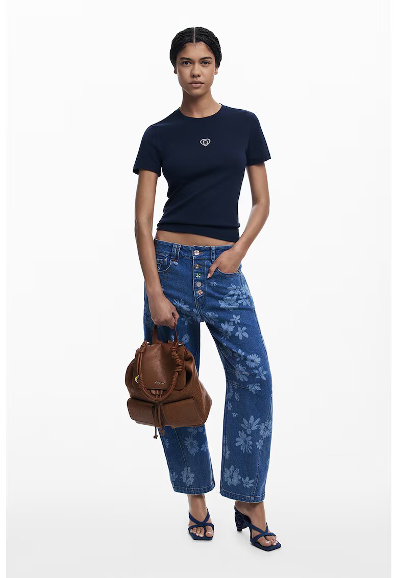 Desigual Tricou slim fit cu imprimeu discret pe piept - Albastru ultramarin