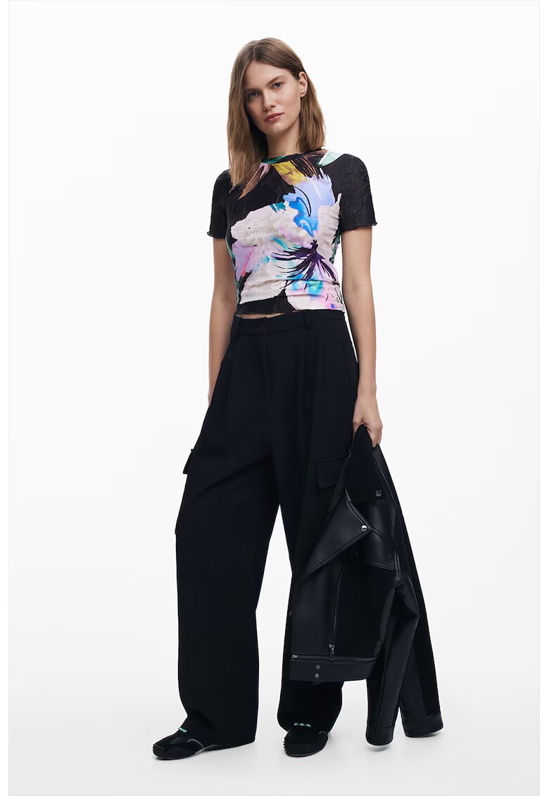 Desigual Tricou slim fit cu imprimeu floral - Negru/Roz pal/Galben mustar