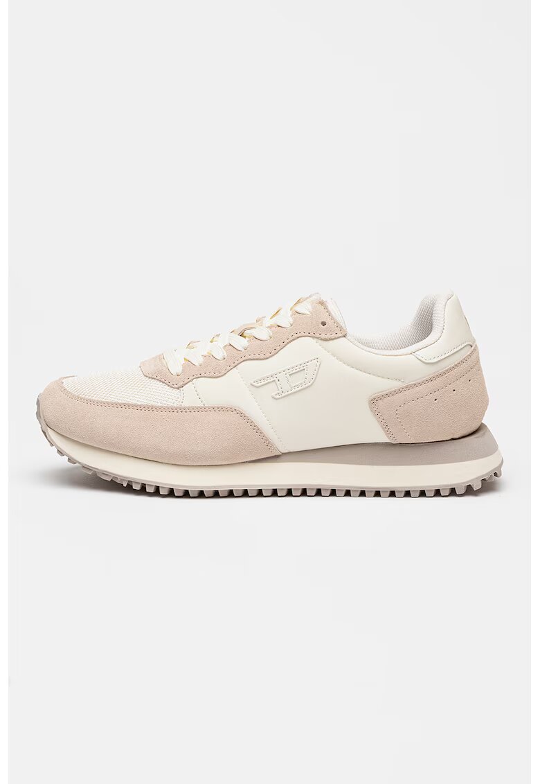Diesel Pantofi sport low-cut cu garnituri din piele intoarsa - Alb fildes/Roz prafuit