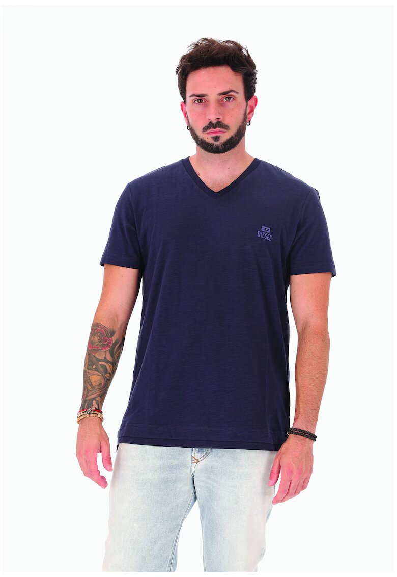 Diesel Tricou cu decolteu in V si logo discret - Albastru