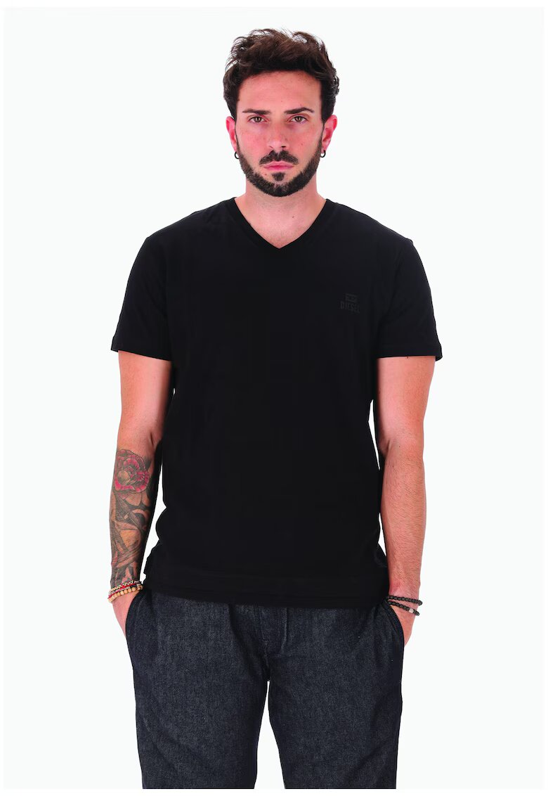 Diesel Tricou cu decolteu in V si logo discret - Negru