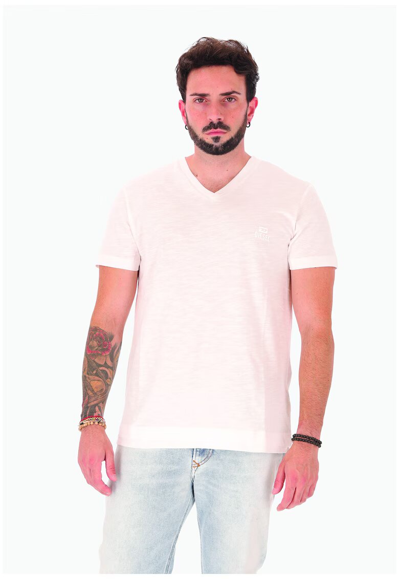 Diesel Tricou de bumbac cu decolteu in V - Alb