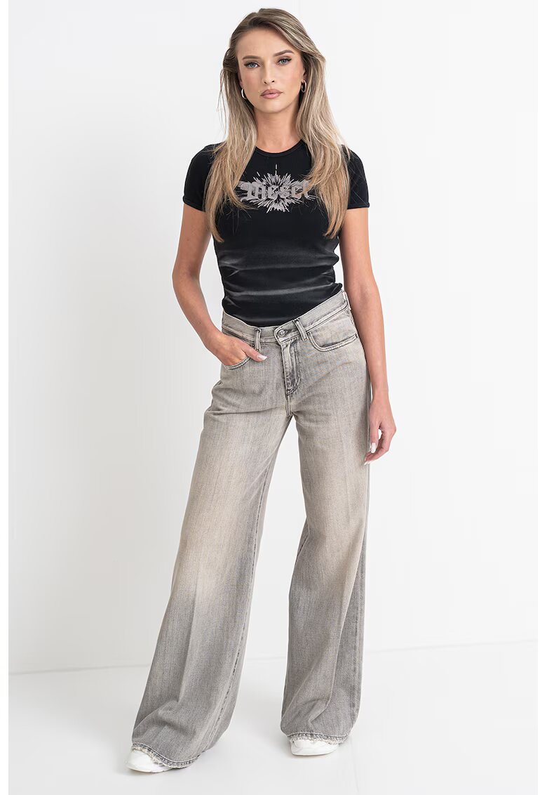Diesel Tricou slim fit cu decolteu la baza gatului - Negru/Argintiu