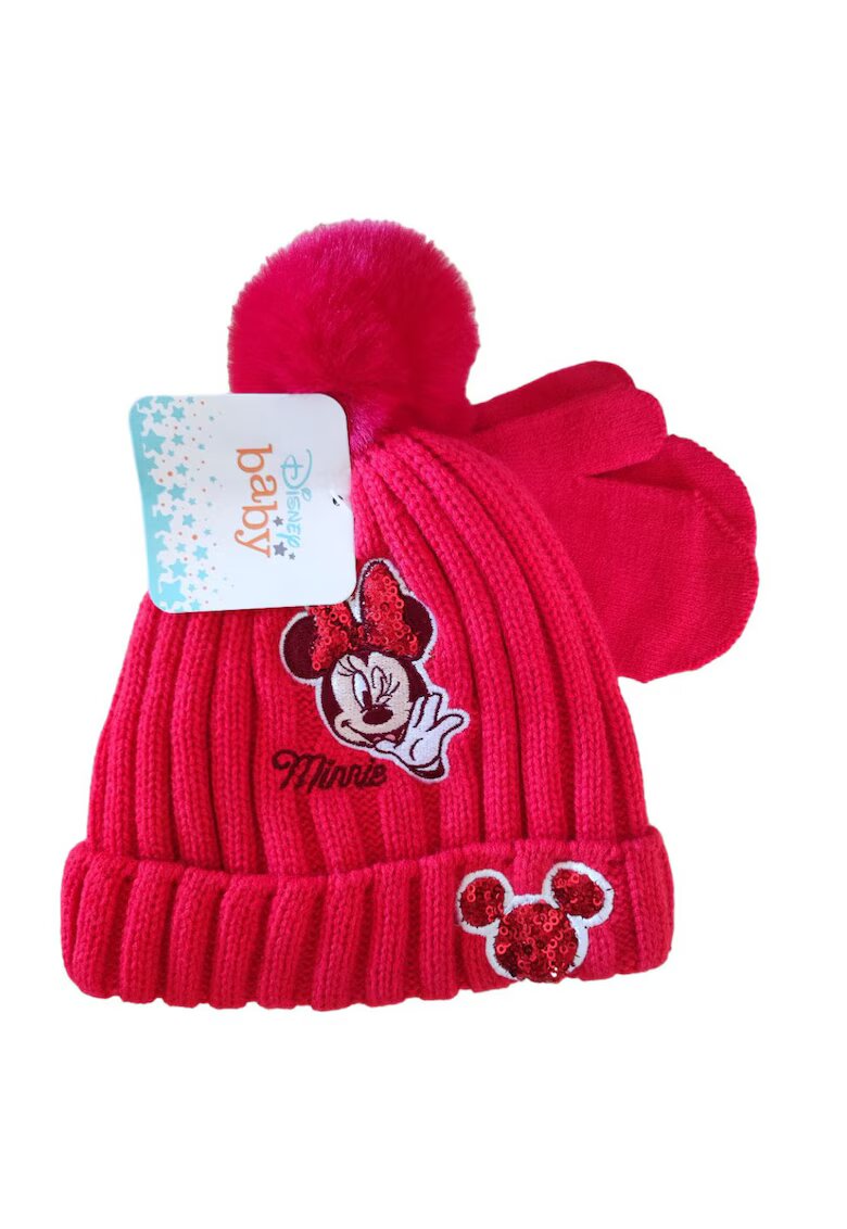 Disney Set caciula si manusi Minnie - rosu - 48 - material acrilic - cu pompon si detalii brodate