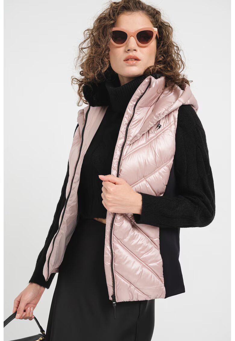 DKNY Vesta cu aspect matlasat si gluga - Negru/Roz prafuit