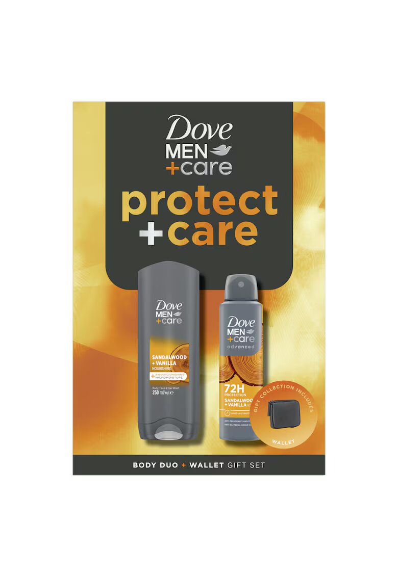 Dove Set Cadou Men Protect+Care: Gel de dus Sandalwood - 250 ml + Spray Sandalwood - 150 ml + Portofel