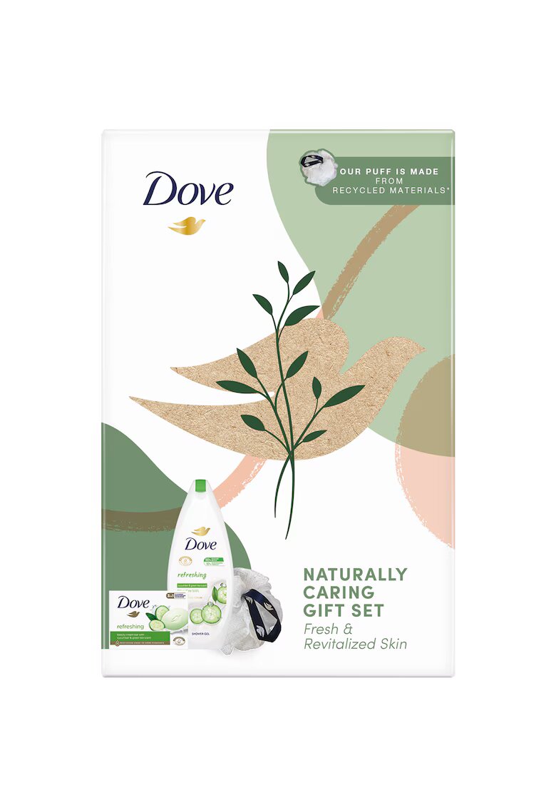 Dove Set Naturally Refreshing: Puf de baie + Sapun Crema Go Fresh Touch - 90 g + Gel de duș - 250 ml