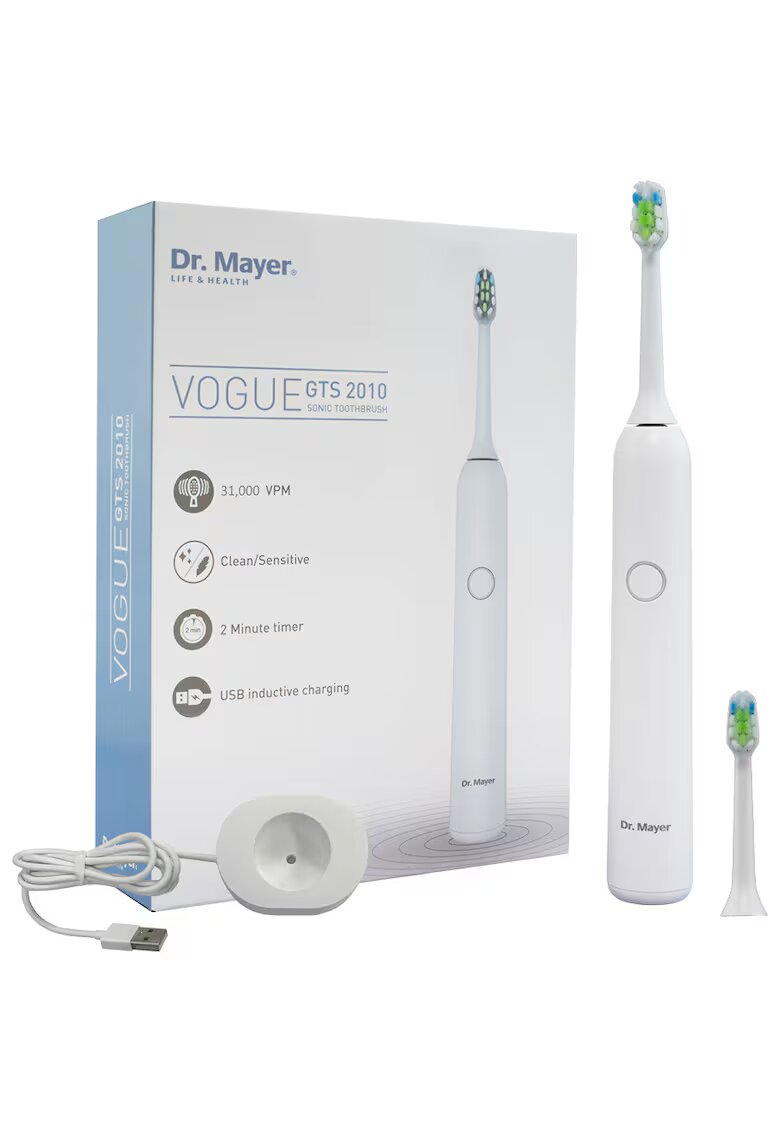 Dr. Mayer Periuta electrica sonica Alb - 31000 rotatii/min - silentioasa - 2 moduri de curatare (Curatare - sensibil) - Incarcare USB - 2 capete incluse