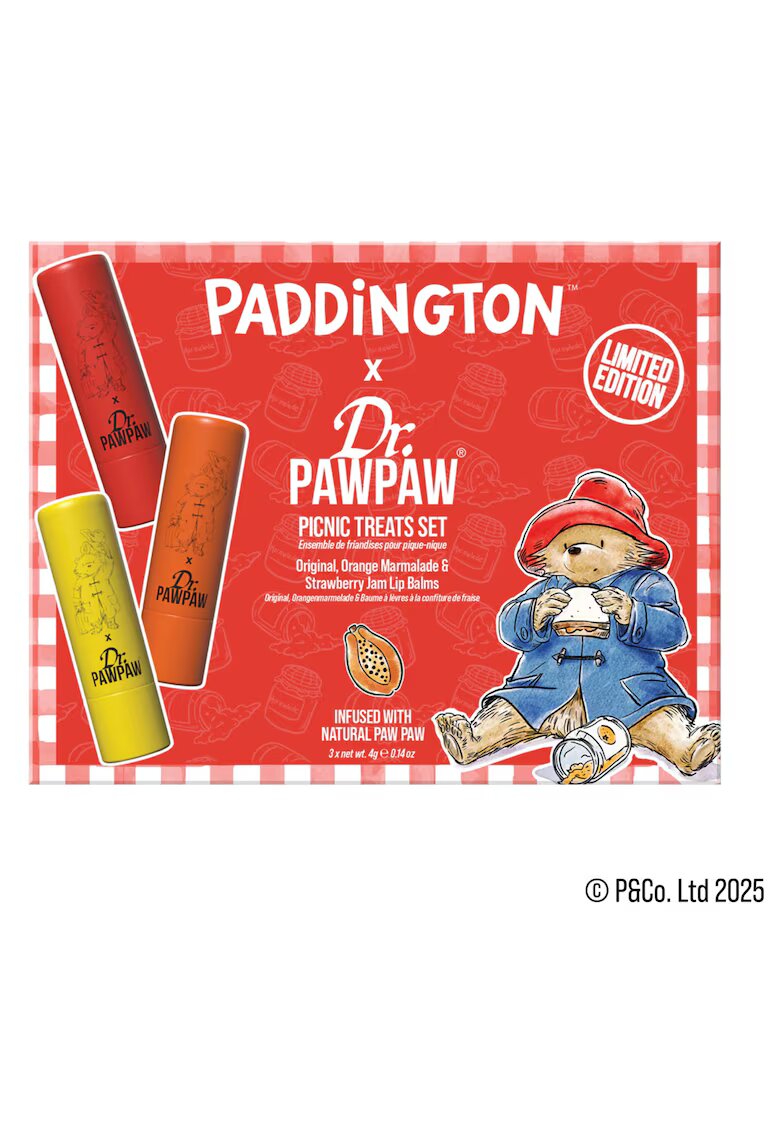 DrPawPaw Set 3 balsamuri de buze Paddington™ Paddington Picnic Treats - aroma Orange Marmalade + Original Balm + Strawberry Jam - 3 x 4 g