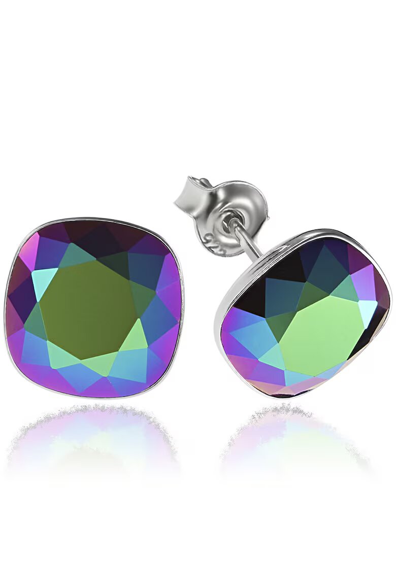 e-Crystal Cercei Argint 925 placat cu rodiu cu cristale Swarovski® Princess Square 10mm Scarabeus Green Surub