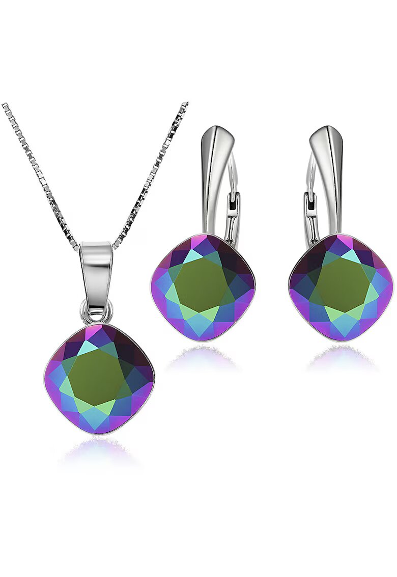 e-Crystal Set Argint 925 placat cu rodiu cu cristale Swarovski® Princess Square 10mm Scarabeus Green Leverback + Lant