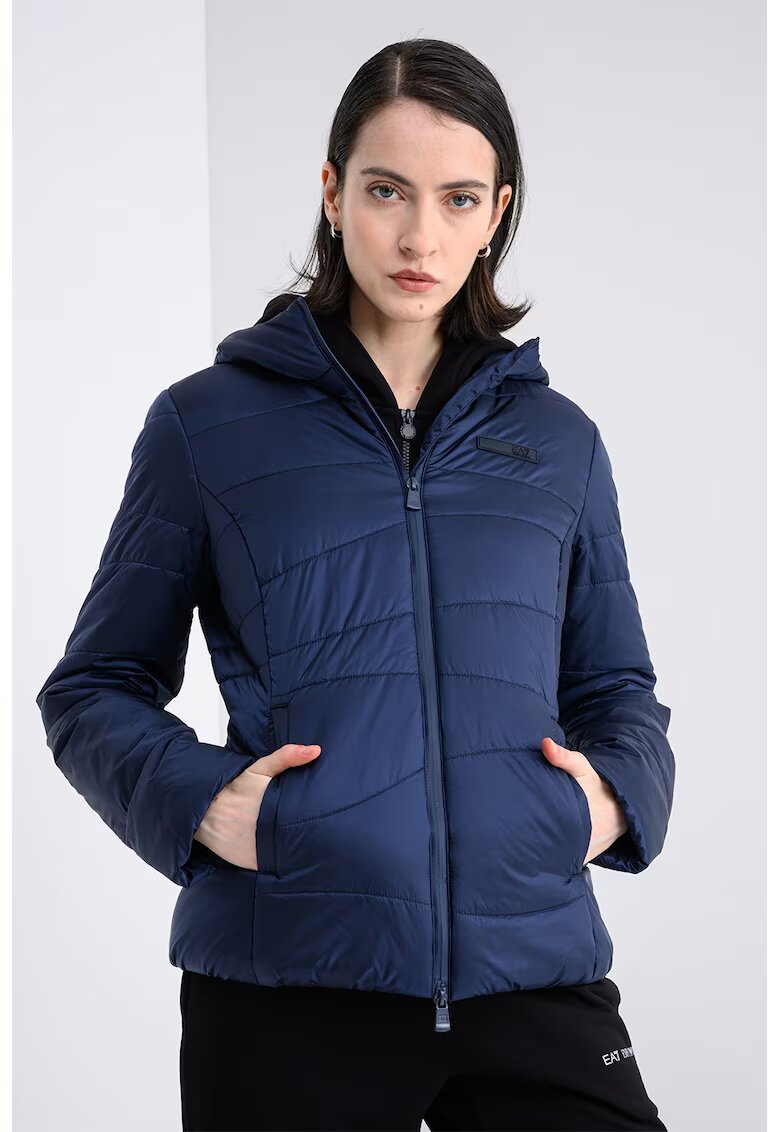 EA7 Jacheta matlasata cu croiala slim-fit si gluga - Bleumarin