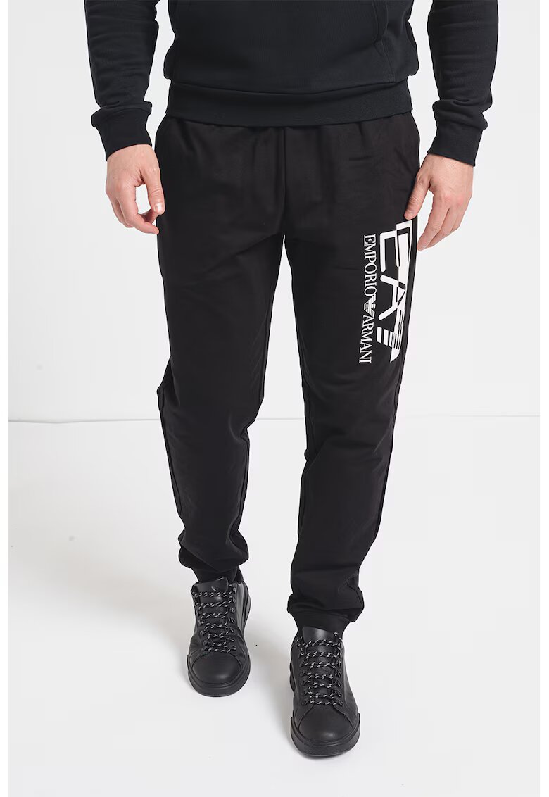 EA7 Pantaloni de trening din bumbac cu imprimeu logo - Alb/Negru