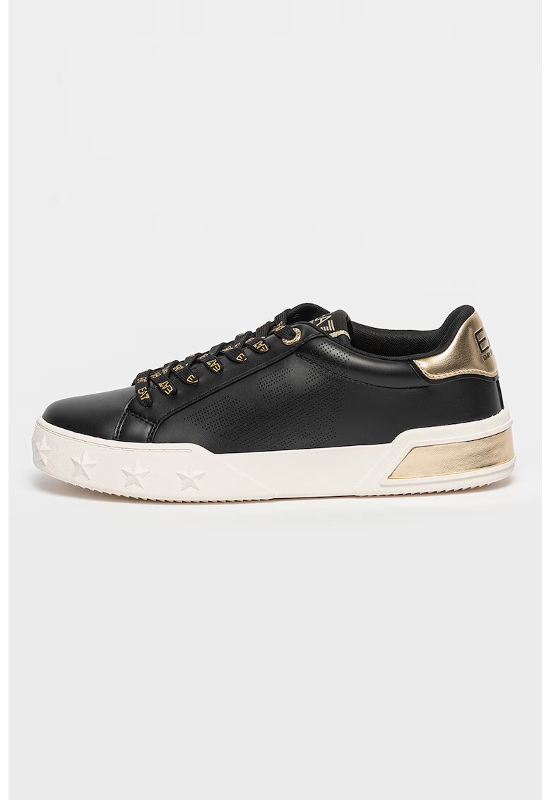 EA7 Pantofi sport de piele ecologica si logo perforat - Alb/Auriu/Negru