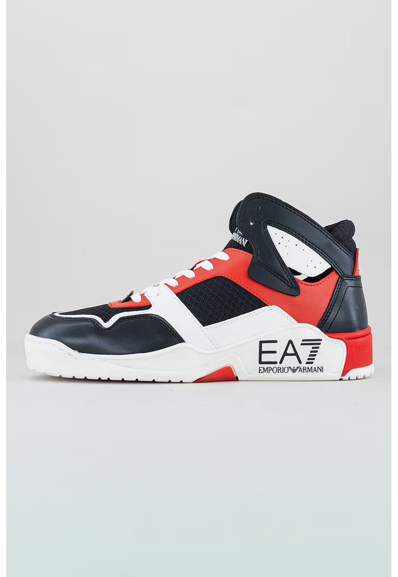EA7 Pantofi sport mid-high de piele ecologica cu insertii de plasa - Rosu/Alb/Negru