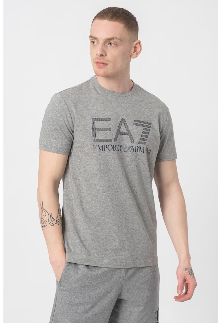 EA7 Tricou cu decolteu la baza gatului si imprimeu logo - Gri melange/Bleumarin