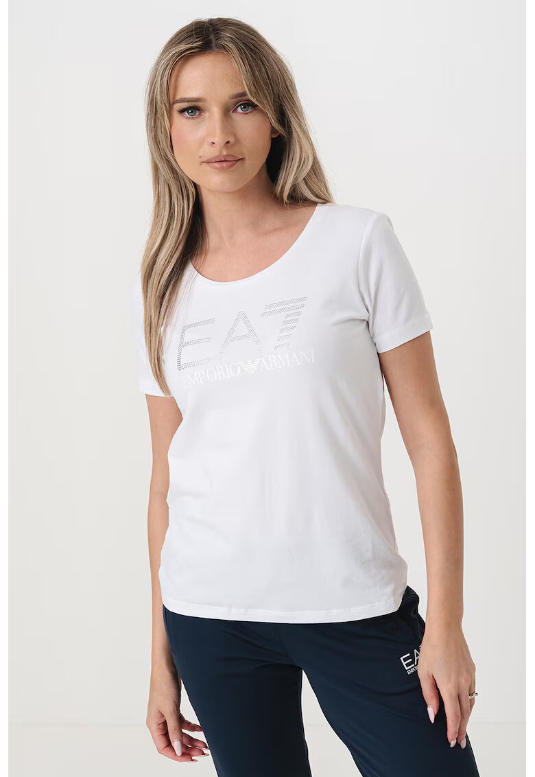 EA7 Tricou cu decolteu rotund si imprimeu logo - Alb/Argintiu