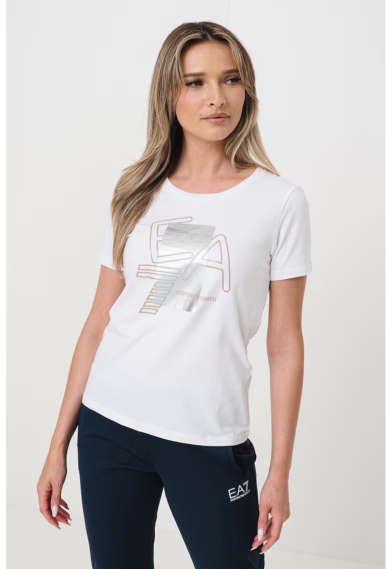 EA7 Tricou cu decolteu rotund si imprimeu logo - Alb/Maro taupe/Argintiu