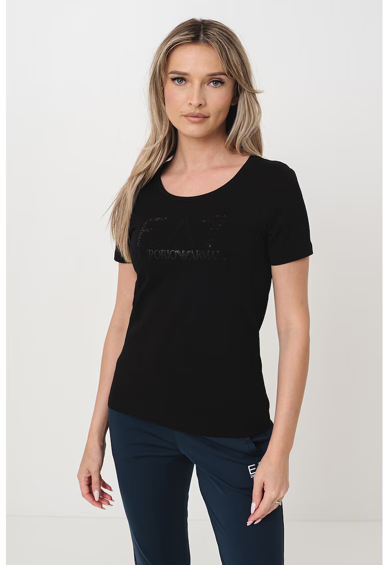 EA7 Tricou cu decolteu rotund si imprimeu logo - Negru