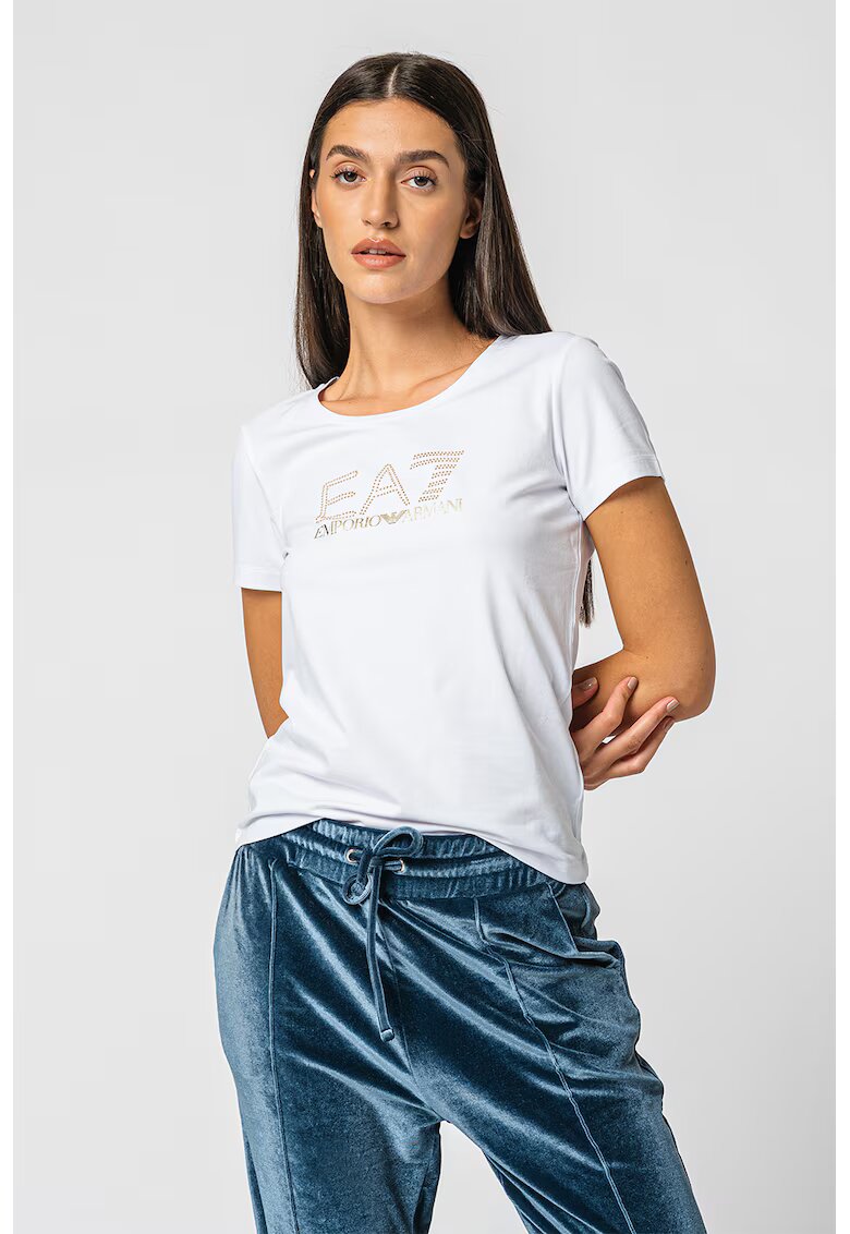 EA7 Tricou cu decolteu rotund si logo cu nituri - Alb/Auriu
