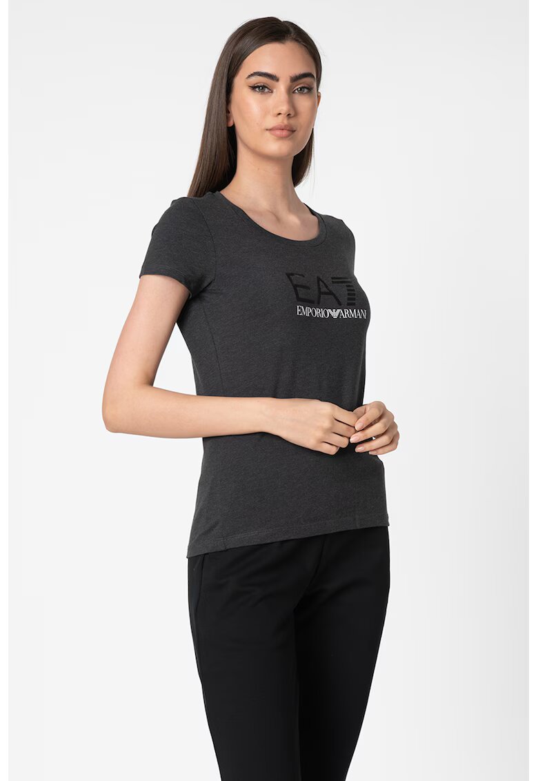EA7 Tricou cu decolteu rotund si logo - Gri inchis melange