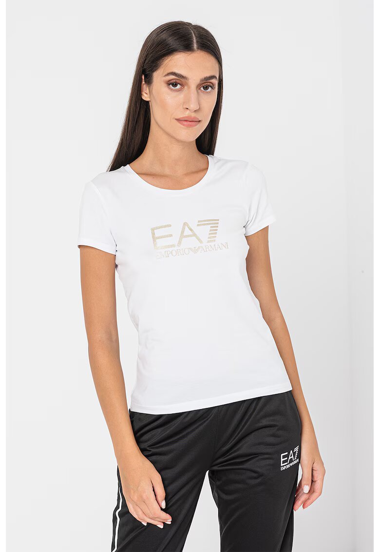 EA7 Tricou slim fit cu imprimeu logo - Auriu/Alb optic