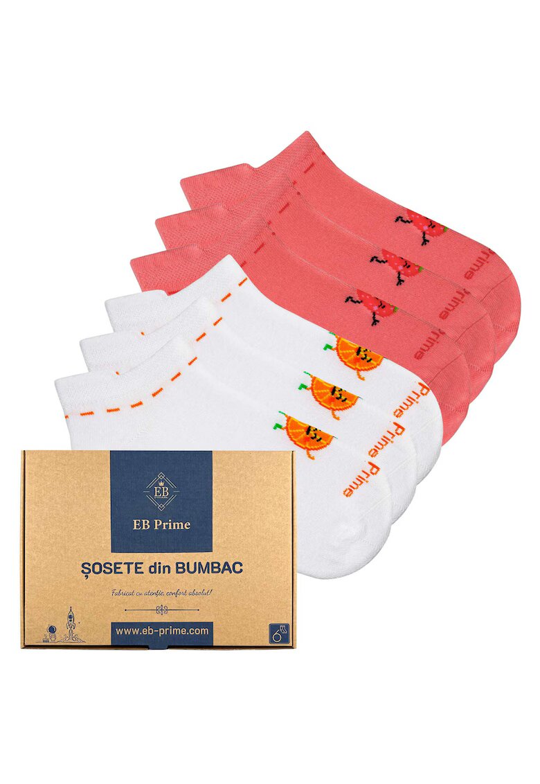 EB Prime Set 6 perechi - Sosete scurte Dama - Cutiuta "Eleganta in Miscare" - Marimi 35-46 - Alb/Roz