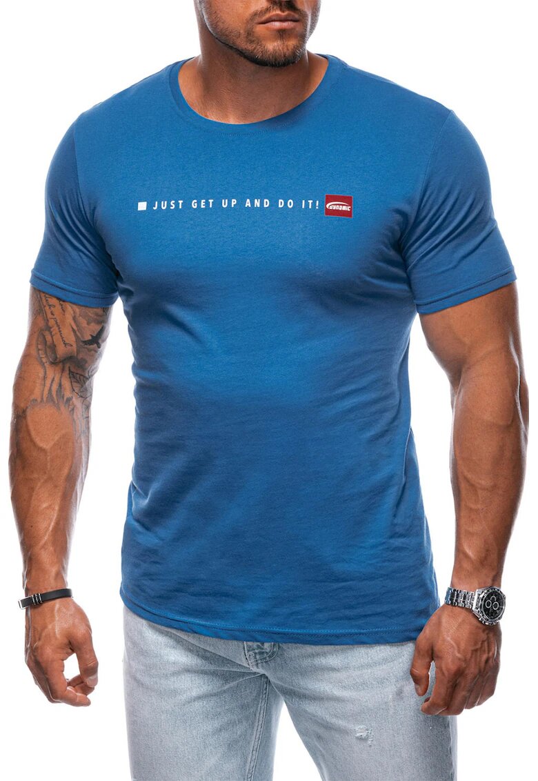 EDOTI Tricou cu decolteu la baza gatului si imprimeu text - Albastru inchis