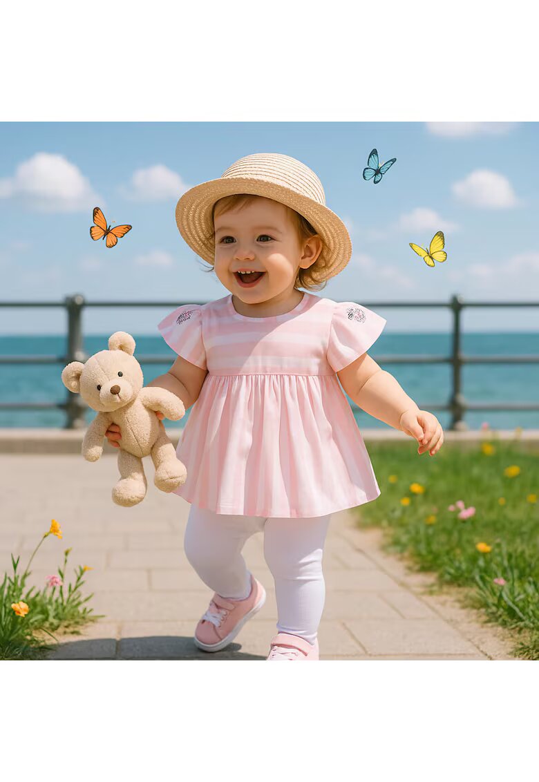 EEVI Bluza babydoll - Flowers - Roz cu dungi albe - pentru fetite - Roz