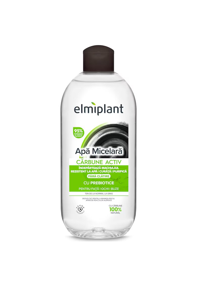 Elmiplant Apa micelara cu carbune activ 100% - Detox pentru ten normal & gras - pentru fata - ochi si buze - cu Prebiotice - 400 ml