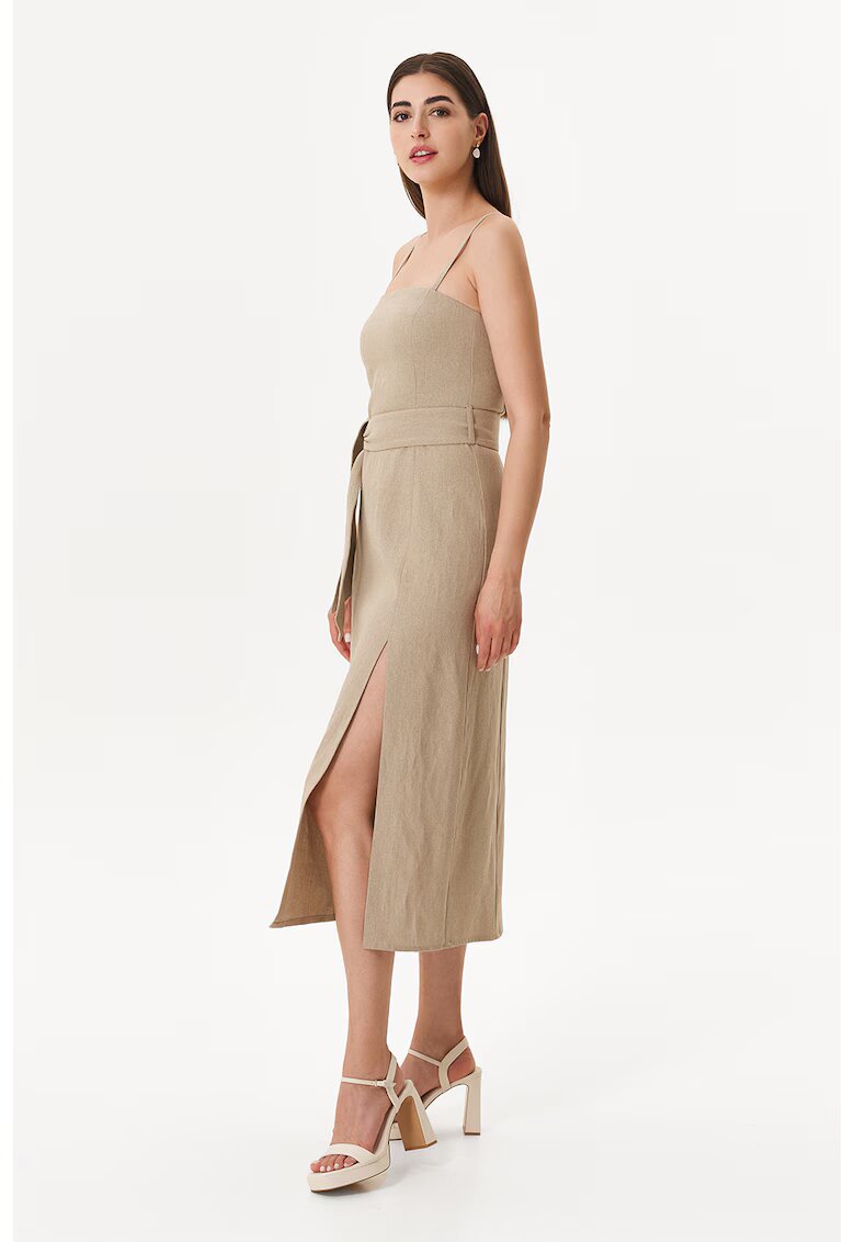 EMAT Rochie din amestec de in cu slit lateral - Maro nisip