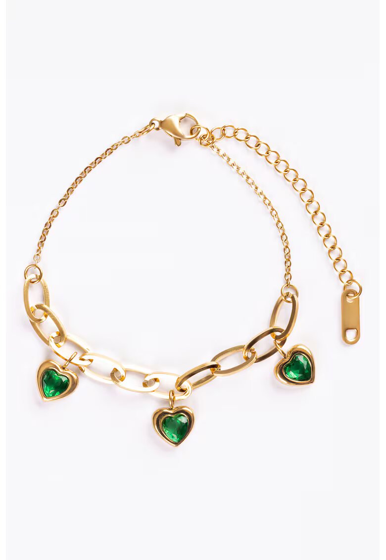 Emily Westwood Bratara placata cu aur de 18K decorata cu cristale in forma de inimi - Auriu/Verde aquamarin