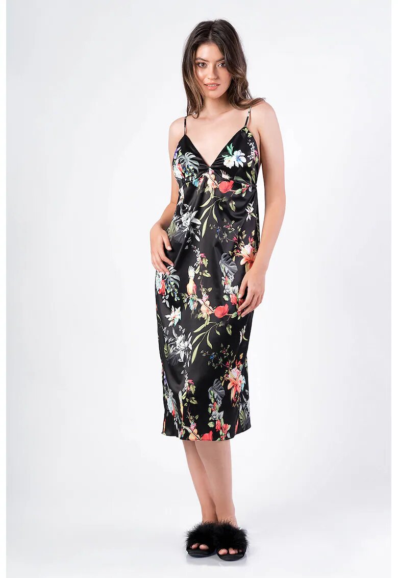 En Prive Camasa de noapte din satin cu decolteu in V si model floral - Alb/Negru/Verde feriga