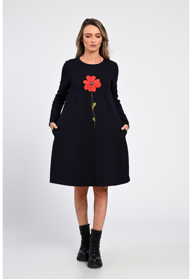 Eranthe Rochie Dama - A-Line - cu Buzunare Laterale si Pictura Realizata Manual V364 - Bleumarin