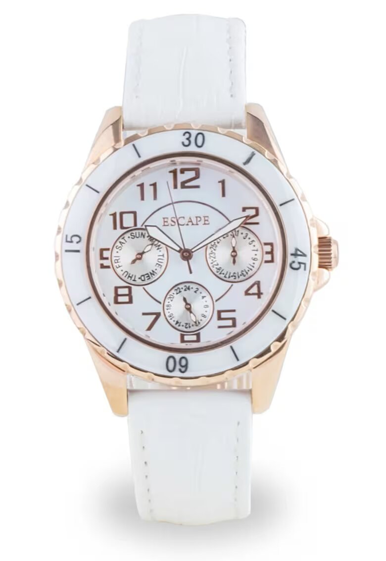 Escape Ceas dama 36 mm - curea piele ecologica alba - rezistenta la apa 5 ATM