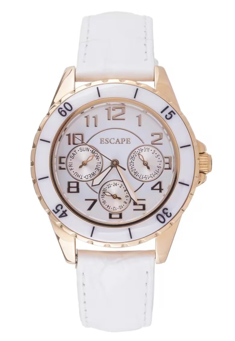 Escape Ceas dama 36 mm - curea piele ecologica alba - rezistenta la apa 5 ATM