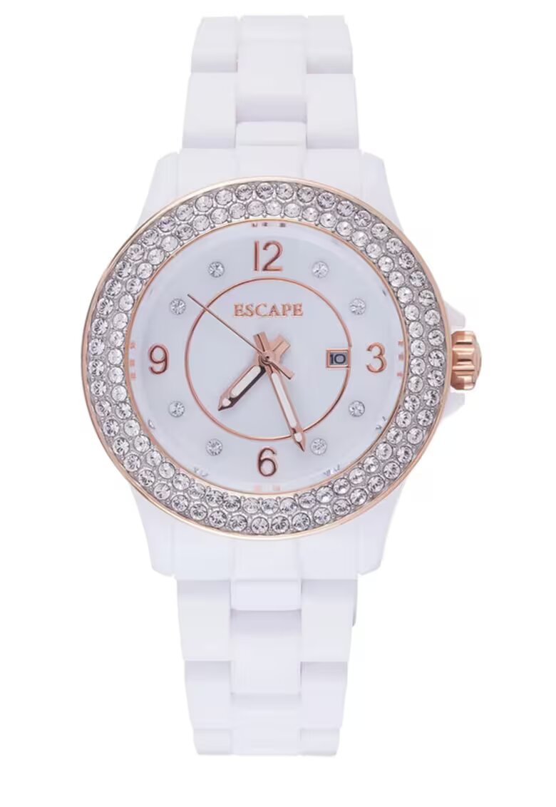 Escape Ceas dama 36 mm - curea plastic alba - rezistenta la apa 5 ATM