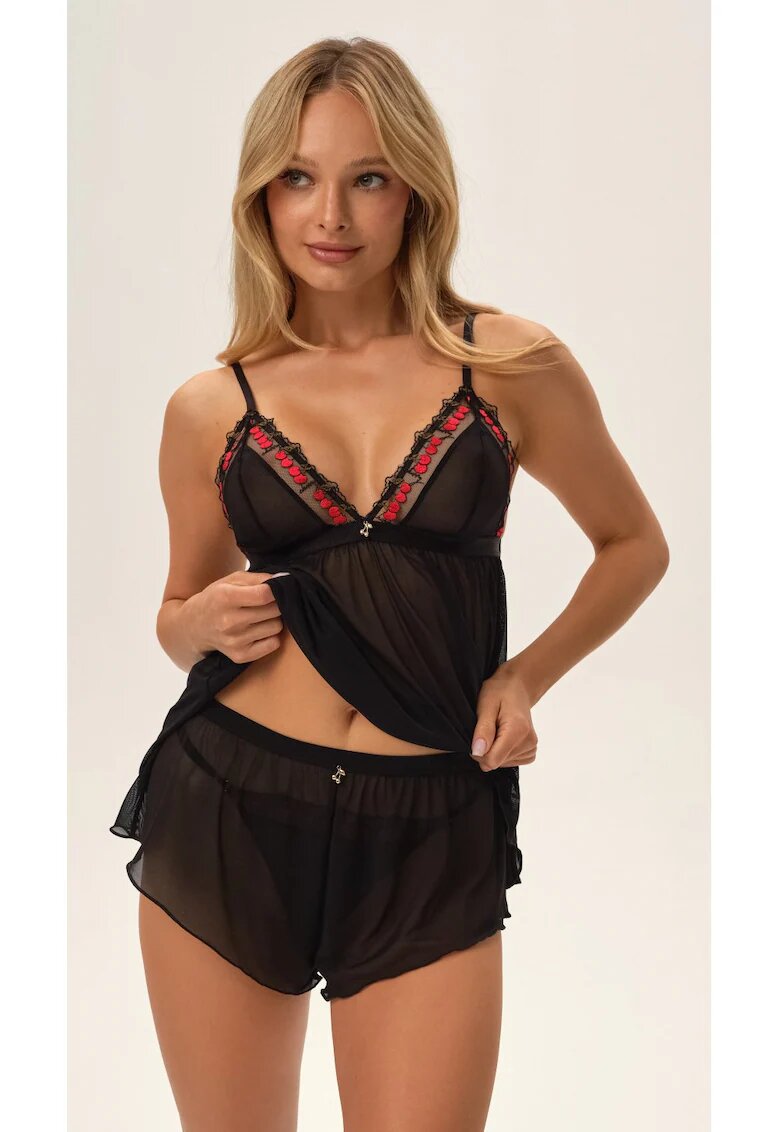 Esotiq Pijama dama Zezzy - negru - cupe din plasa - broderie cirese - poliester