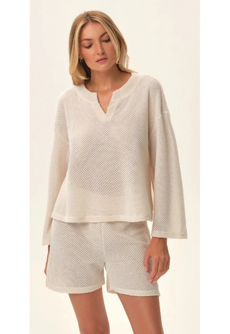 Esotiq Set pentru femei bluza cu maneca lunga si pantaloni scurti cu talie inalta - poliester - casual - crem